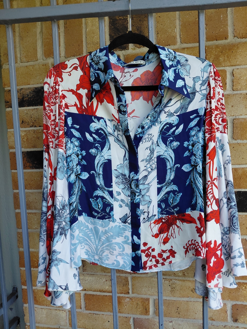 Printed Button-Up Blouse in Navy, Red & White